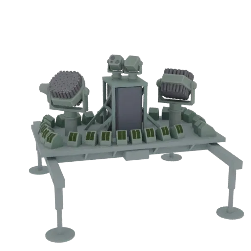 3D model of a mobile missile launcher platform with a large radar dish, multiple missile tubes, and sturdy legs, presented on