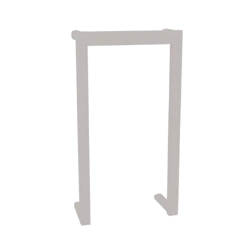Un rendering 3D di una cornice ad arco minimalista con linee pulite e finitura grigio chiaro, su sfondo bianco.