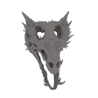 Una detallada renderización 3D de un cráneo de dragón gris con afilados pinchos y colmillos prominentes, sobre un fondo blanc