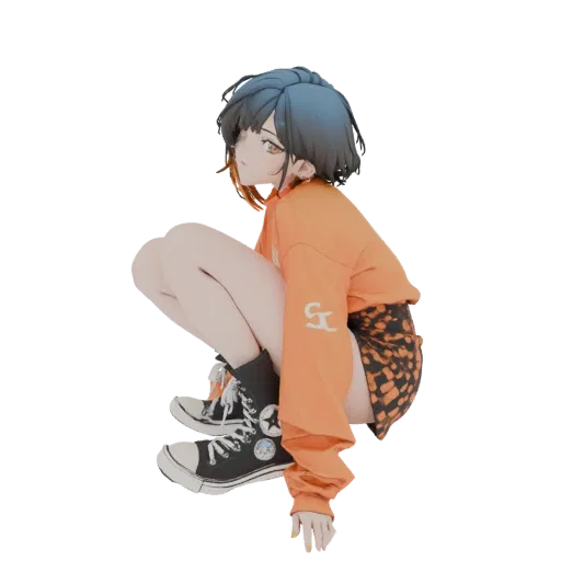 3D model of an anime girl crouching, wearing an orange hoodie and a black and orange patterned skirt, with black high-top sne