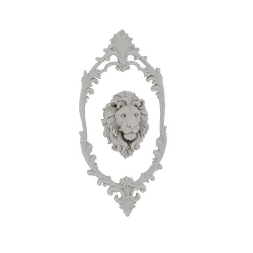 3D model of a grey, ornate wall decor featuring a detailed lion head within an oval frame with scrolling leaf motifs.