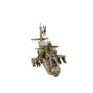 Modelo 3D de un helicóptero de ataque desértico desgastado cubierto de enredaderas verdes, con el cristal de la cabina roto.