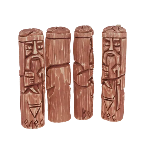 3D model of an ancient Slavic idol carved from wood, showing a stylized face and runic symbols.