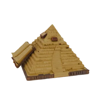 3D model of a stepped Egyptian pyramid with two open books placed on its sides and small tablet-like details scattered across