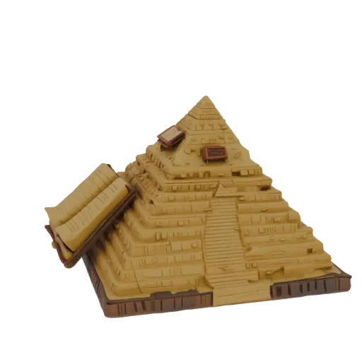 Modelo 3D de una pirámide egipcia escalonada con dos libros abiertos colocados en sus lados y pequeños detalles tipo tableta