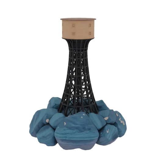 3D model of a light brown water tower with a black lattice support structure, standing on a base of stylized blue rocks.