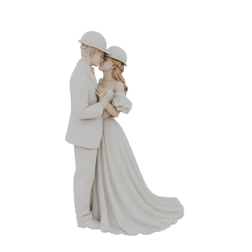 Modelo 3D de casal romântico beijando, ambos de capacete branco, homem de terno, mulher de vestido.
