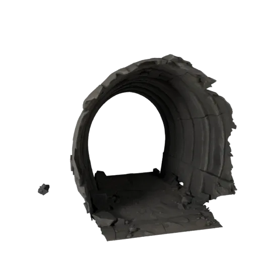 Mine Tunnel Segment High Poly 3D model, close-up cinematic environment render, showing aged stone, built remnants.