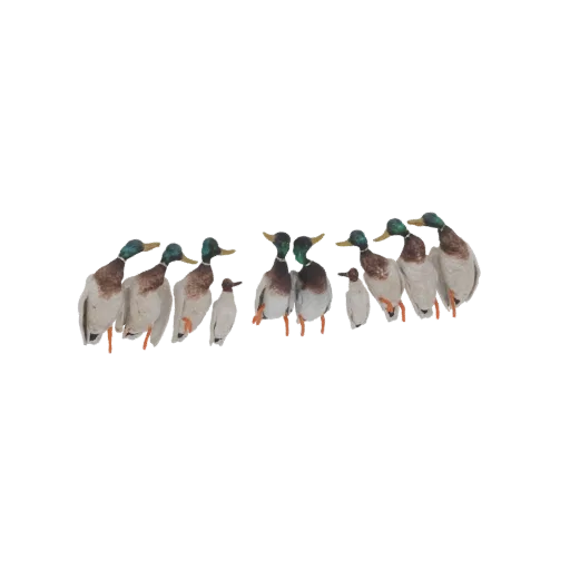 A 3D render of a mallard duck family, including several adult ducks and ducklings, posed together on a white background.