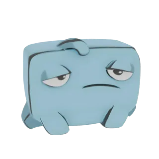 3D render of a sad, blue, cube-shaped character with large, droopy eyes and thick black outlines, standing on small feet.