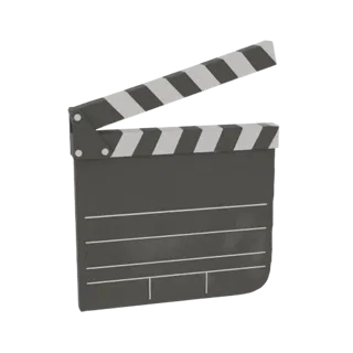 Modello 3D di una claquette cinematografica classica con la sua sezione superiore aperta, che mostra i marcatori a strisce.