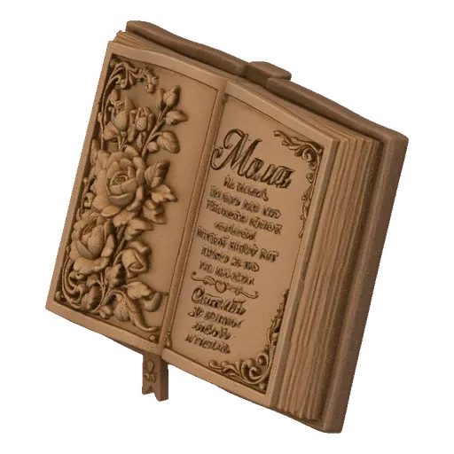 3D model of an open book with carved roses on the left page and elegant script on the right page, presented on a black backgr