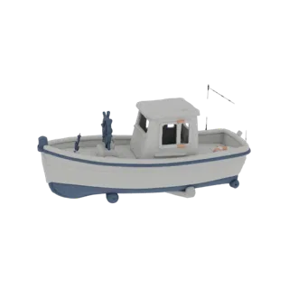 Modelo 3D de barco con cabina y timón, en estilo de juguete sencillo, sobre fondo blanco
