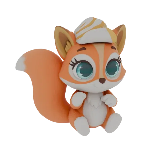 A 3D render of a cute, orange cartoon squirrel sitting down, wearing a yellow and white swirl hat, with large blue eyes and a