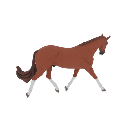 3D model of a brown horse with white legs, captured in a dynamic walking pose against a white background.
