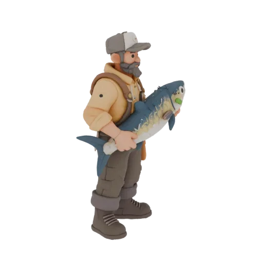 3D model of a fisherman in a cap and shirt holding a pike, claymation style