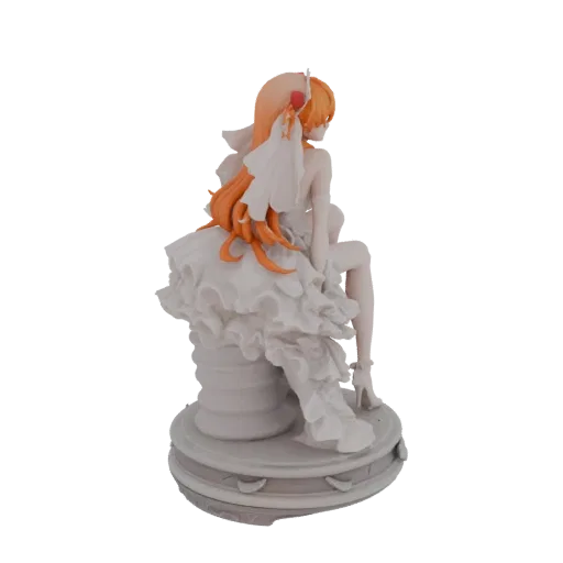 3D model of an elegant bride figurine with long orange hair, wearing a white wedding dress and veil, seated gracefully.
