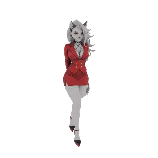 3D model of a wolf girl character wearing a red suit, standing confidently with her hands behind her back.