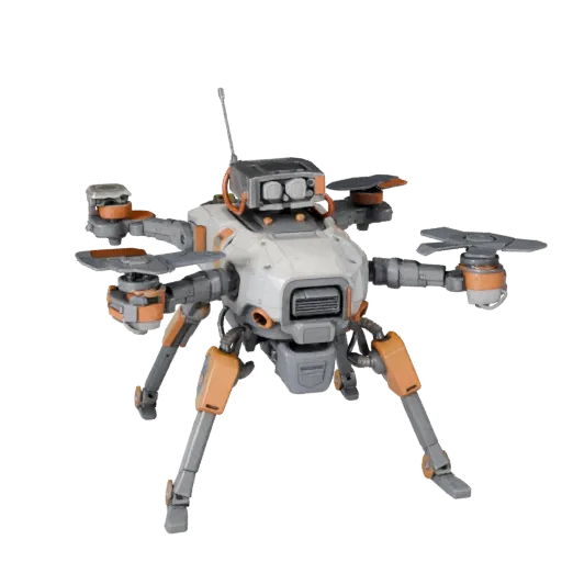 Crawler Lab Drone Stylized 3D model, stylized isometric render, showing metal frames, robot form.