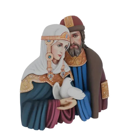 3D model of an Orthodox couple in traditional robes, with the woman holding a white dove.