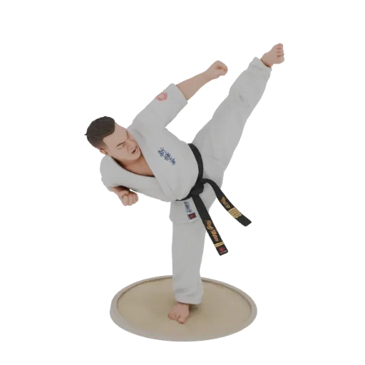 3D model of a male karateka in a white gi and black belt performing a high kick, captured in mid-air on a circular base.