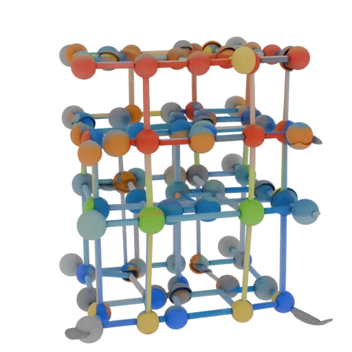 Modelo 3D de Rede de Cristal de Proteína, vista de perfil, renderização técnica de viewport, mostrando esferas coloridas, det