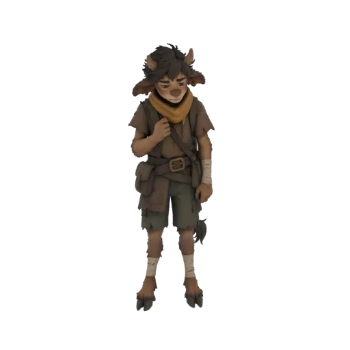 3D model of a young satyr adventurer with brown hair, horns, wearing rustic clothes and a yellow scarf, standing with a thoug