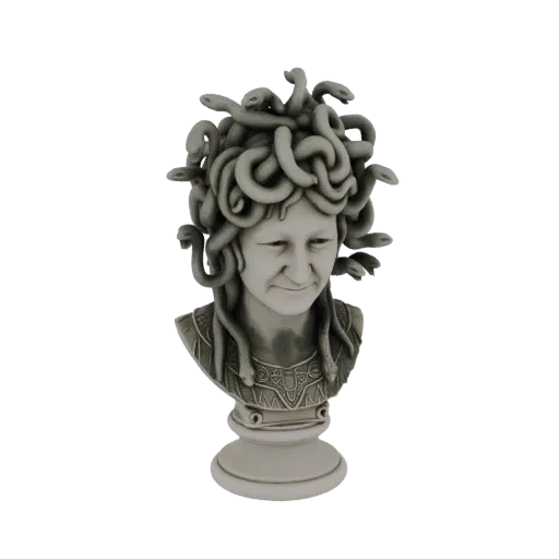 3D model render of a stone-like bust of Medusa with snakes for hair, on a pedestal base.