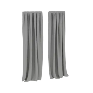 Un modello 3D di due eleganti tende grigie a tutta lunghezza con pieghe morbide e fluenti, esposte su sfondo bianco.