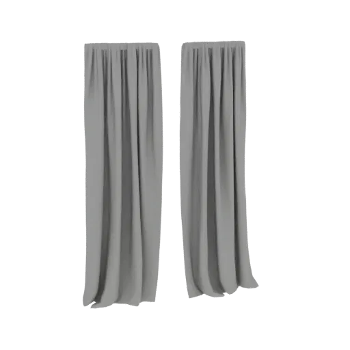 A 3D model of two elegant, floor-length grey curtains with soft, flowing pleats, displayed against a white background.