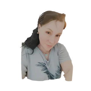 3D model of a woman with dark hair, wearing a light blue t-shirt with a palm tree print, looking slightly to the side.