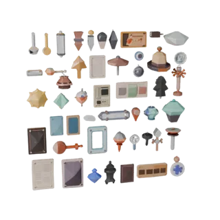 Modello 3D low poly Market Street Clutter, vista tre quarti del viewport di gioco, mostra carte simili a carta, dettaglio for