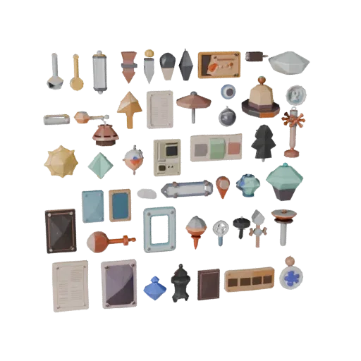 Modello 3D low poly Market Street Clutter, vista tre quarti del viewport di gioco, mostra carte simili a carta, dettaglio for