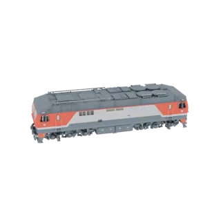 Modelo 3D de una locomotora eléctrica moderna con diseño rojo y blanco, visto desde un ángulo de tres cuartos sobre un fondo