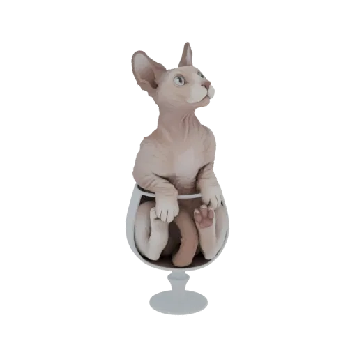 Modèle 3D d'un chat Sphynx assis dans un verre à vin transparent, regardant vers le haut.