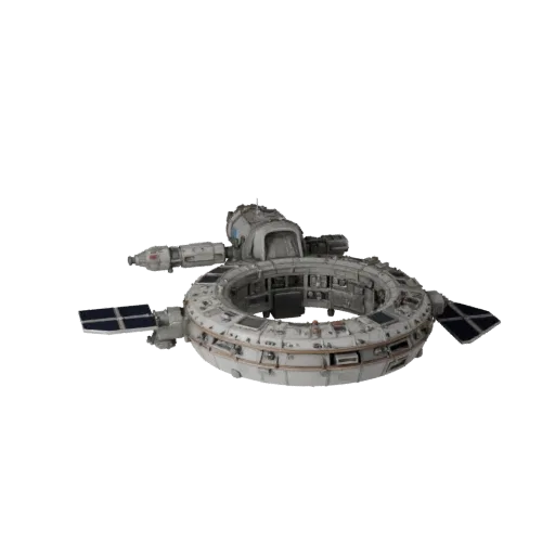 Research Docking Hub Realistic 3D model, three-quarter studio render, showing metal modules, modular station layout.