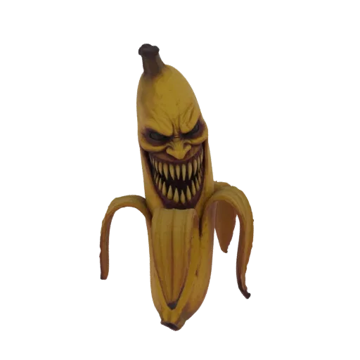 Un rendu 3D d'une banane pelée avec un visage monstrueux et souriant et des dents acérées, sur fond noir.