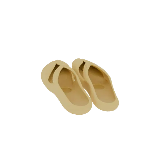 Un modèle 3D d'une paire de tongs en caoutchouc beige, vu sous un léger angle.