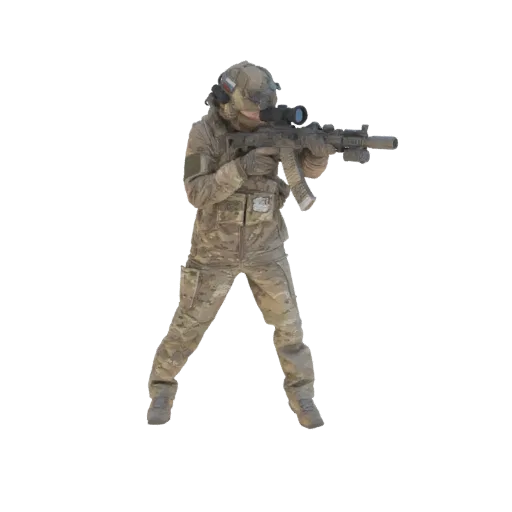 3D model of a soldier in camouflage uniform, holding and aiming a rifle with a scope, against a black background.