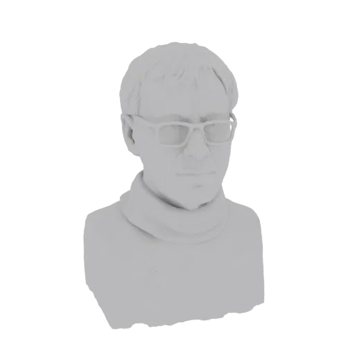 3D-Modell-Render einer grauen Büste eines Mannes mit Brille und Rollkragenpullover, der nach vorne blickt.