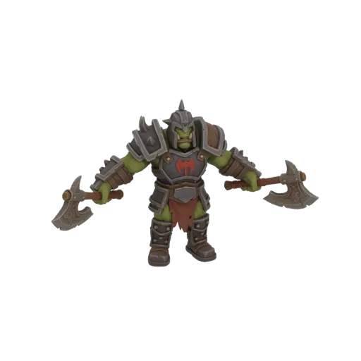 3D model of a green-skinned Orc Warrior in stylized armor, holding two large axes in a combat stance.