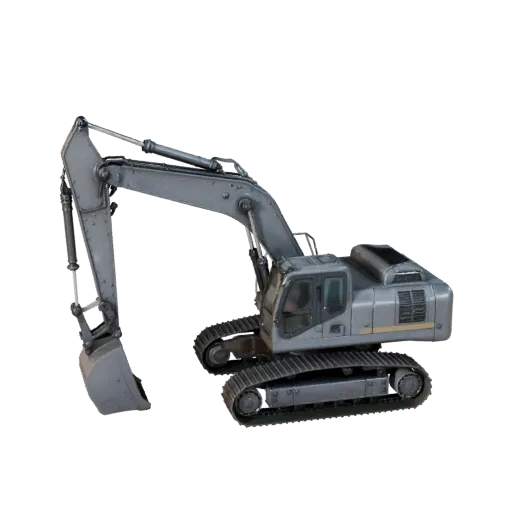 Modello 3D Escavatore da Magazzino High Poly, rendering studio ravvicinato, mostra acciaio verniciato, grandi silhouette mecc