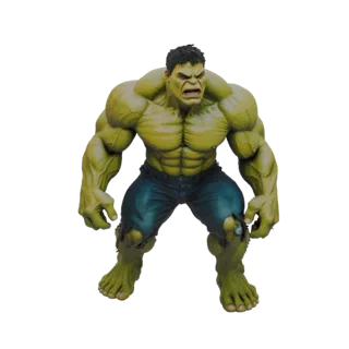 3D-Modell-Rendering des Hulk-Charakters in wütender, muskulöser Pose, gekleidet in zerrissene blaue Jeans.