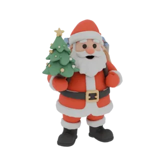 3D model of Santa Claus holding a small Christmas tree and gift bag, in a claymation style