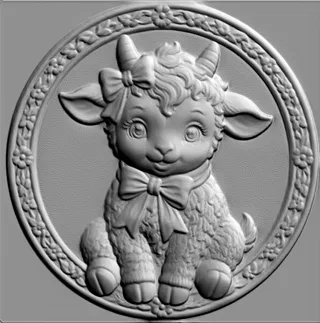 3D model of a cute lamb with a bow in bas-relief style, sitting in a round frame with flowers