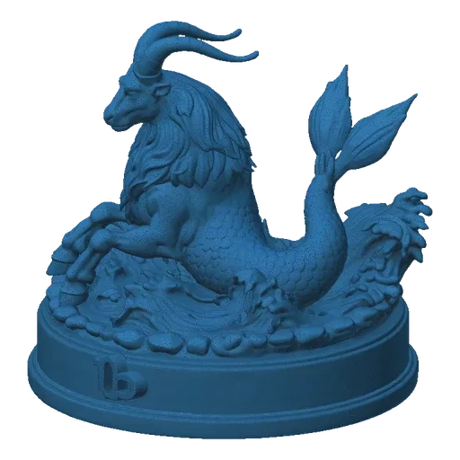 3D model of the Capricorn zodiac sign, a mythical sea-goat with goat head and fish tail, emerging from waves on a circular ba
