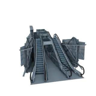 Modello 3D di un hub ascensori futuristico con più livelli ed elementi di design eleganti e industriali.