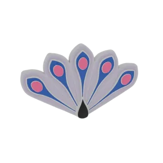 3D model of a stylized peacock feather with purple plumes, blue outlines, and pink eye details, set against a white backgroun