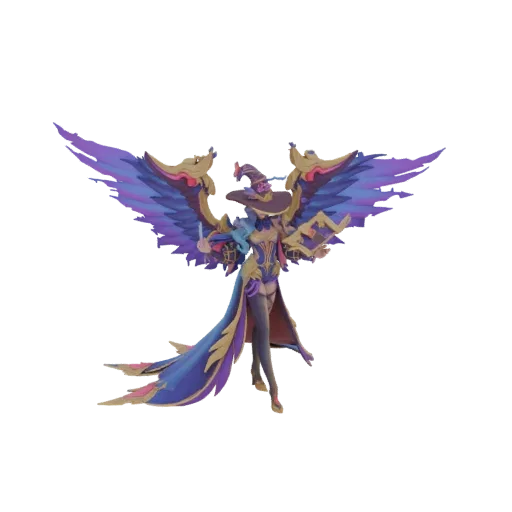 3D model of a fantasy sorceress with large purple and blue wings, wearing a witch hat and holding a spellbook and wand.