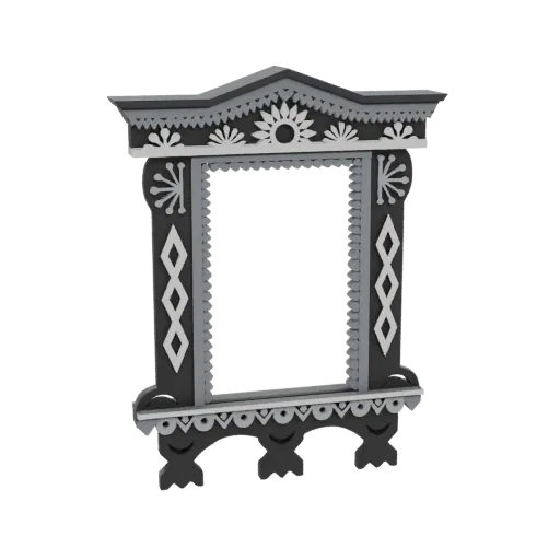 3D model of an ornate, grayscale wooden window frame with intricate floral and geometric carvings.